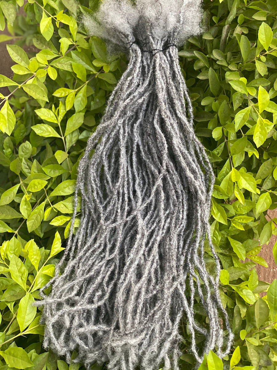Salt and Pepper Textured Intalocs. (Sika Locs) 0.3-0.35cm 10 locs per bundle. 100% human hair. Interlocked Locs